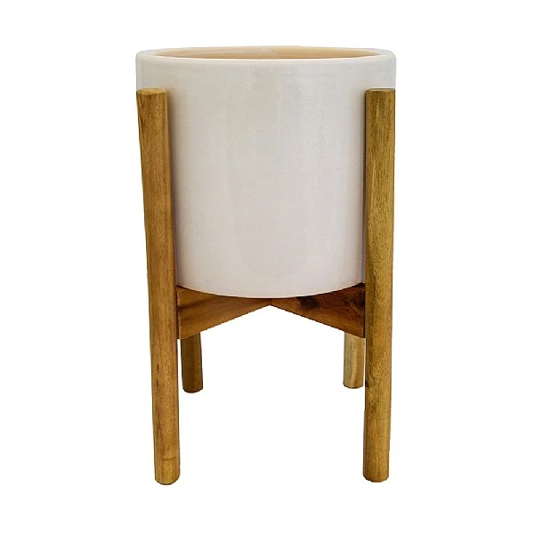 Ivyline Anzio Stone White Pot Cover With Wooden Stand 1 Ivyline Anzio Stone White Pot Cover With Wooden Stand